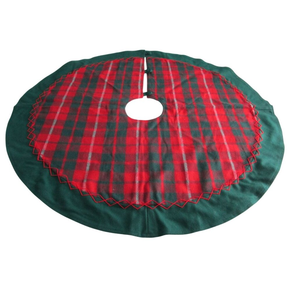 Vintage Tartan Wool Blend Cozy Christmas Tree Skirt Green Red Plaid GUC - Picture 1 of 11